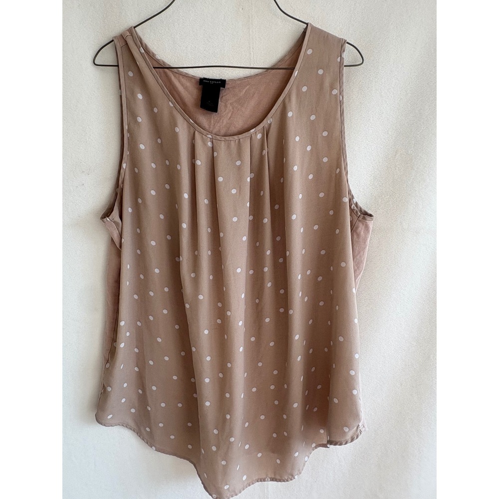 Ann Taylor Tan Polka Dot Pleated Scoop Neck Sleeveless Blouse XL